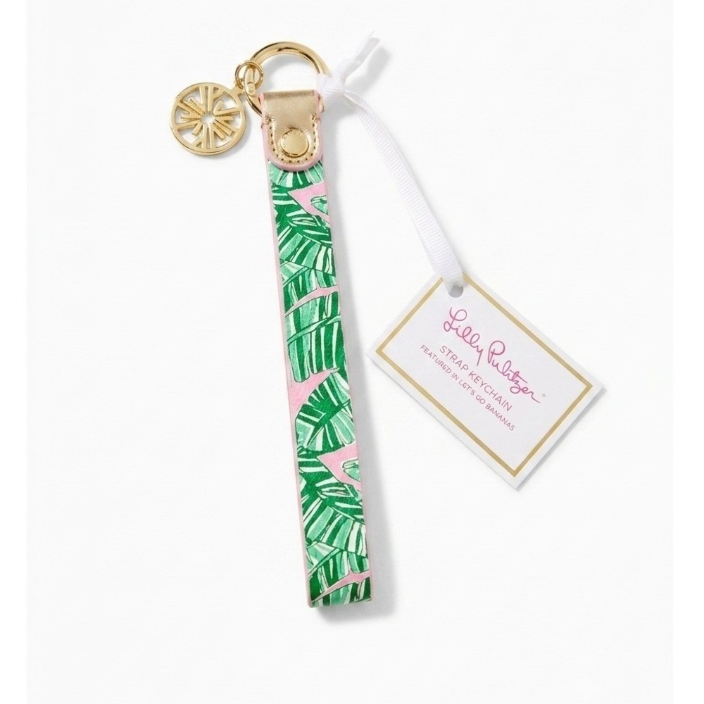 Lilly Pulitzer Lets Go Bananas Strap Keychain Pink Green Palm Leaf Wristlet New